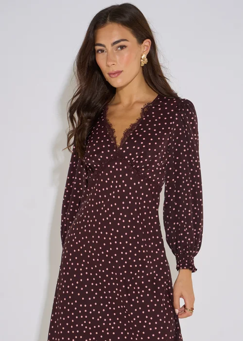 Gini London Chocolate Polka Lace Trim Midi Dress - 8 Image 3