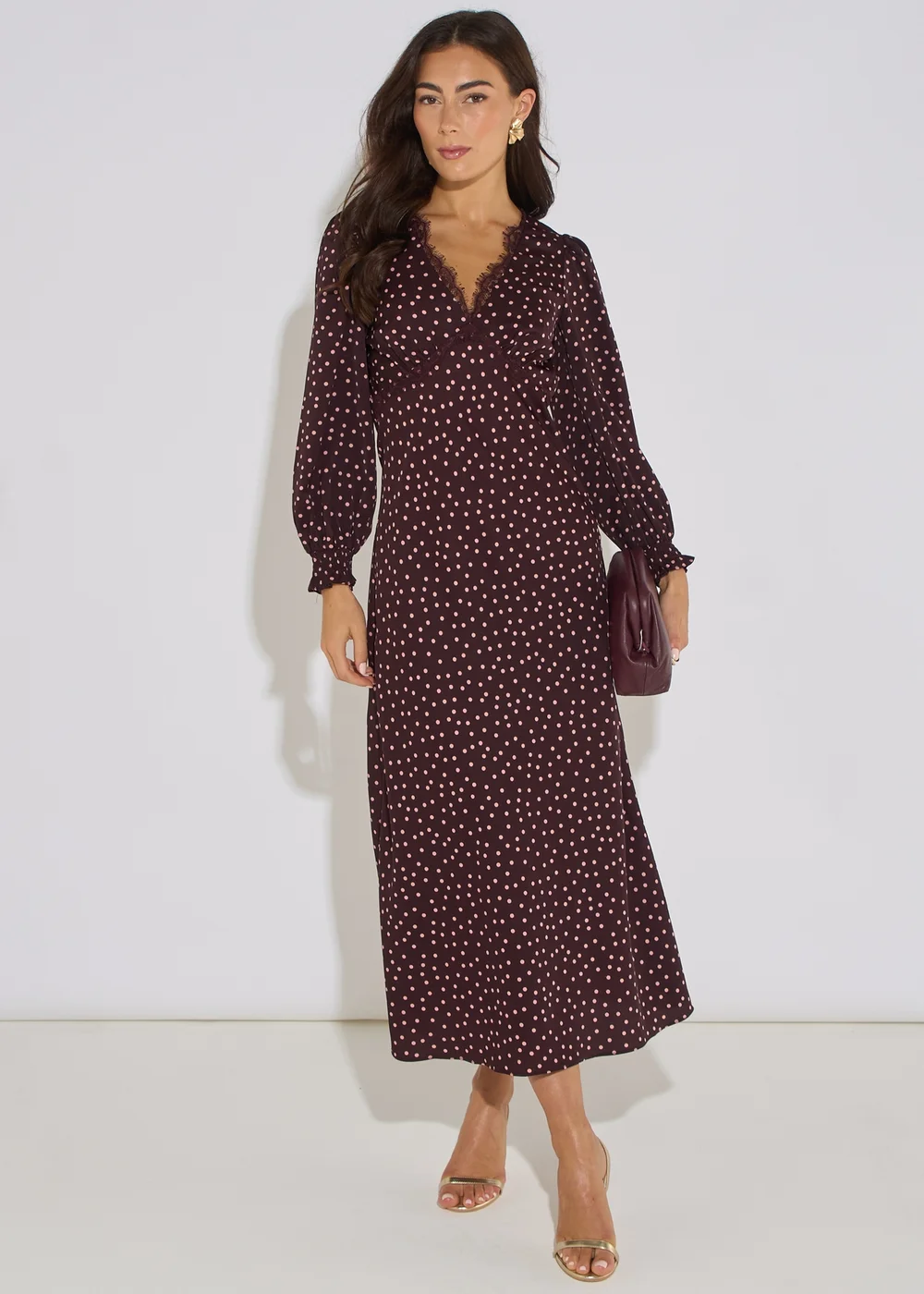 Gini London Chocolate Polka Lace Trim Midi Dress - 8 Image 1
