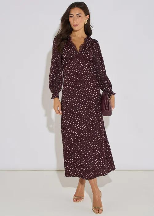 Gini London Chocolate Polka Lace Trim Midi Dress - 8 Image 1
