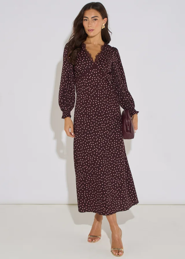 Gini London Chocolate Polka Lace Trim Midi Dress
