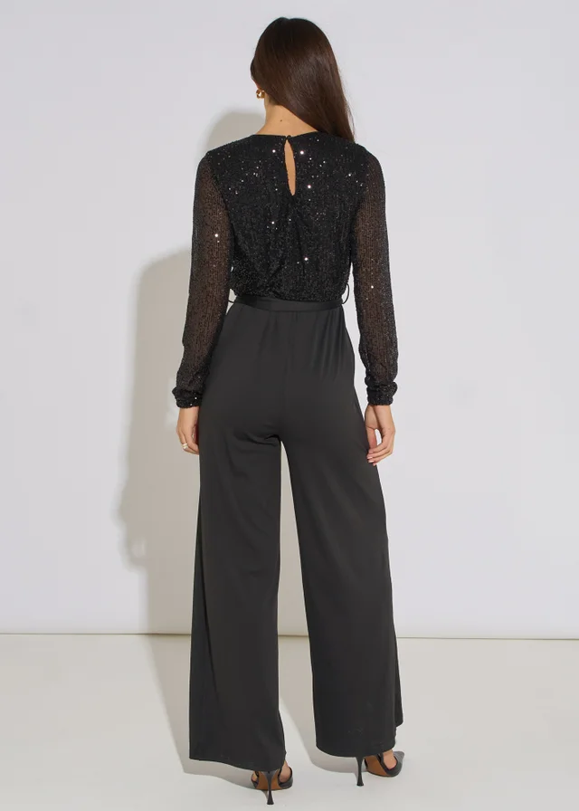 Gini London Black Sequin Wrap Front Belted Jumpsuit