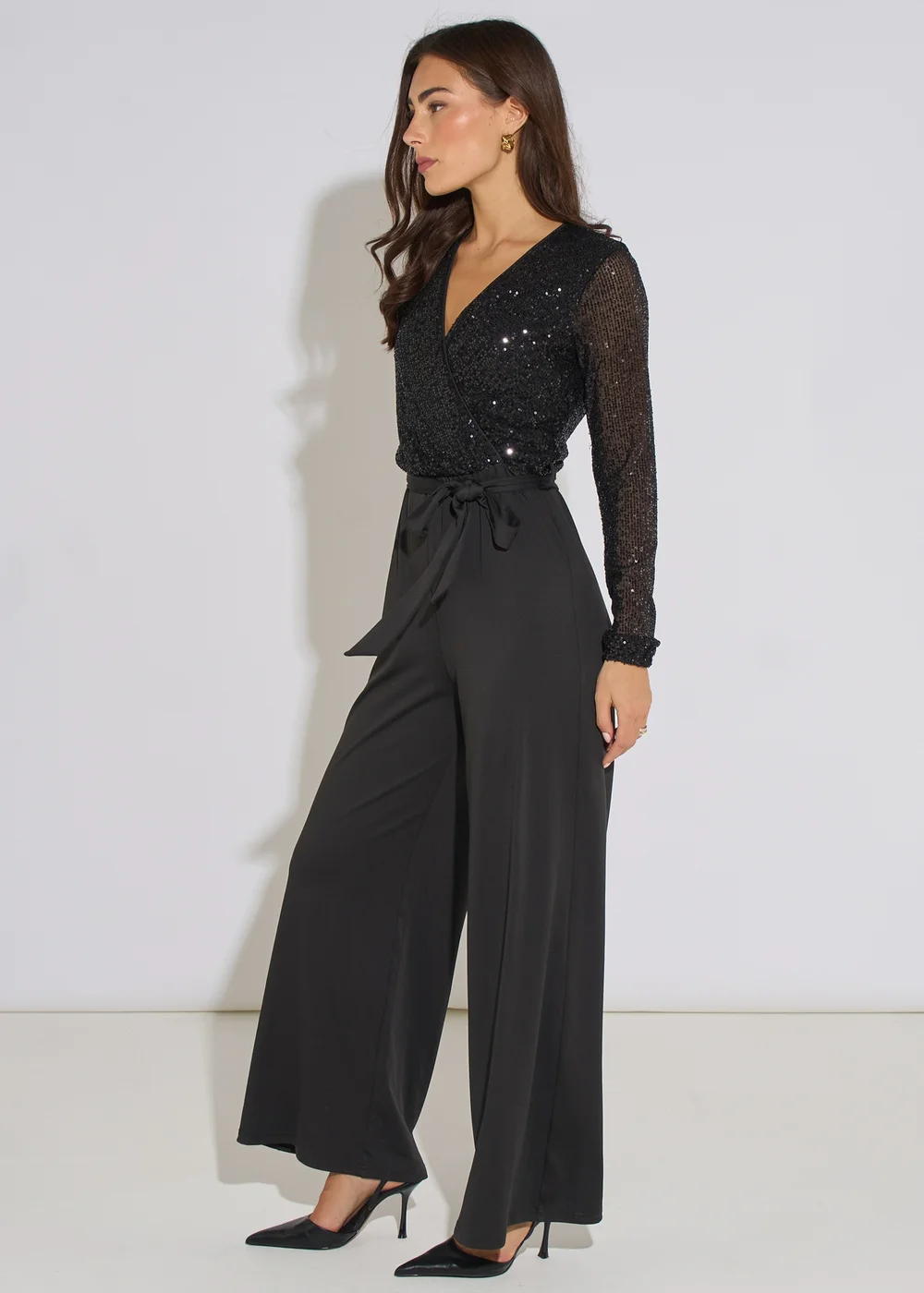 Gini London Black Sequin Wrap Front Belted Jumpsuit - 14 Image 4