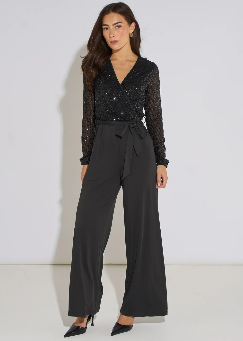 Gini London Black Sequin Wrap Front Belted Jumpsuit - 14 Image 1