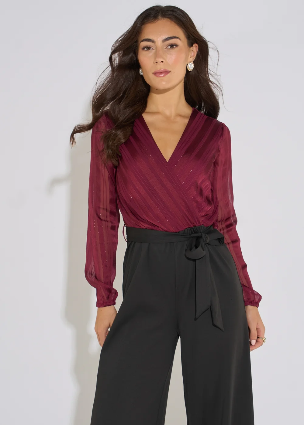 Gini London Mulberry Chiffon Stripe Wrap Top Belted Stretch Jumpsuit - 14 Image 3