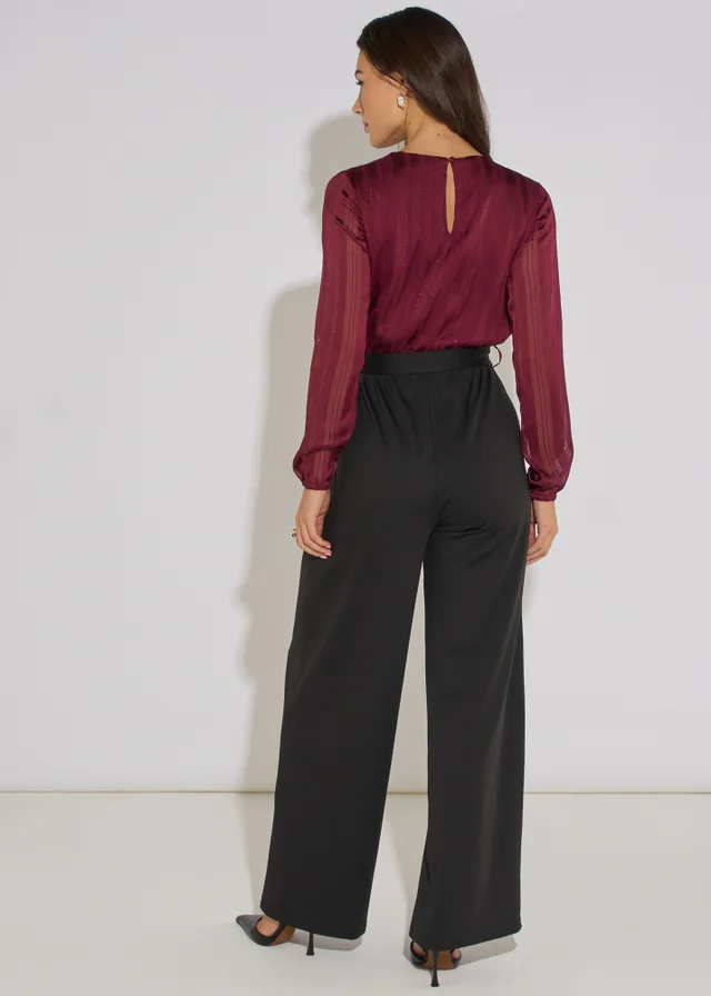 Gini London Mulberry Chiffon Stripe Wrap Top Belted Stretch Jumpsuit