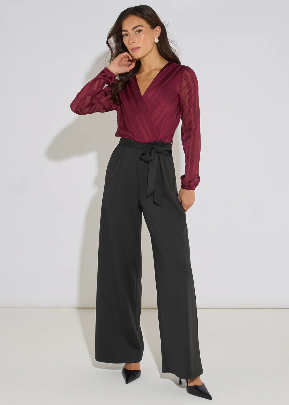 Gini London Mulberry Chiffon Stripe Wrap Top Belted Stretch Jumpsuit - 14 Image 4