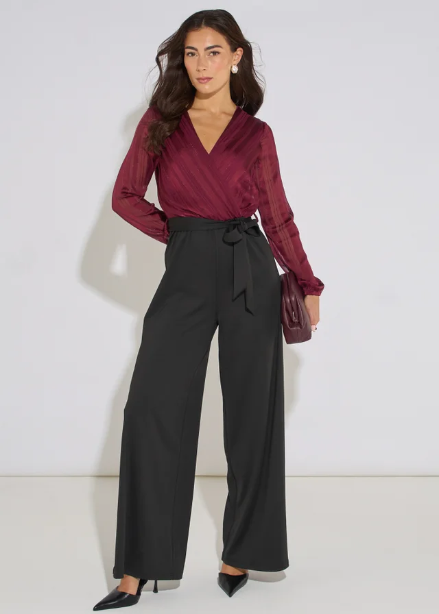 Gini London Mulberry Chiffon Stripe Wrap Top Belted Stretch Jumpsuit
