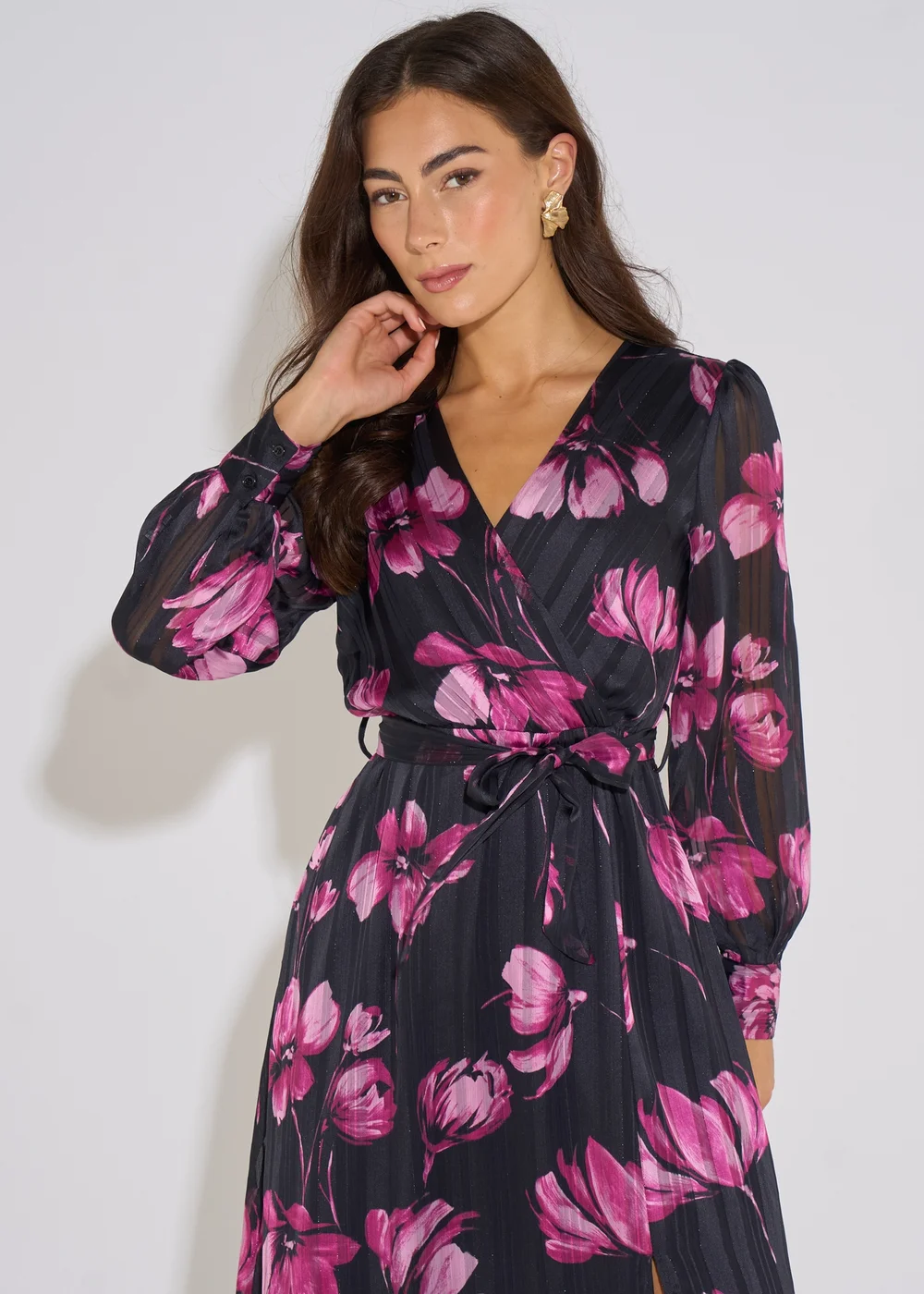 Gini London Black Floral Chiffon Sparkle Stripe Wrap Midi Dress - 12 Image 3