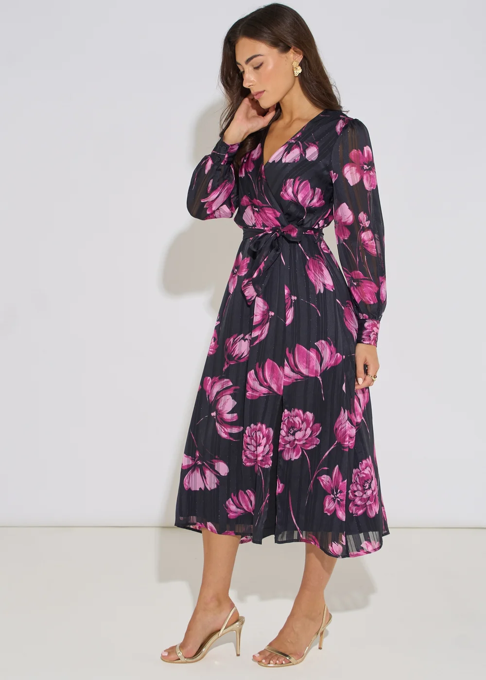 Gini London Black Floral Chiffon Sparkle Stripe Wrap Midi Dress - 12 Image 4