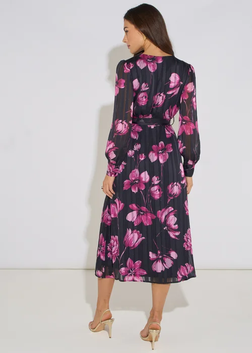 Gini London Black Floral Chiffon Sparkle Stripe Wrap Midi Dress - 12 Image 2