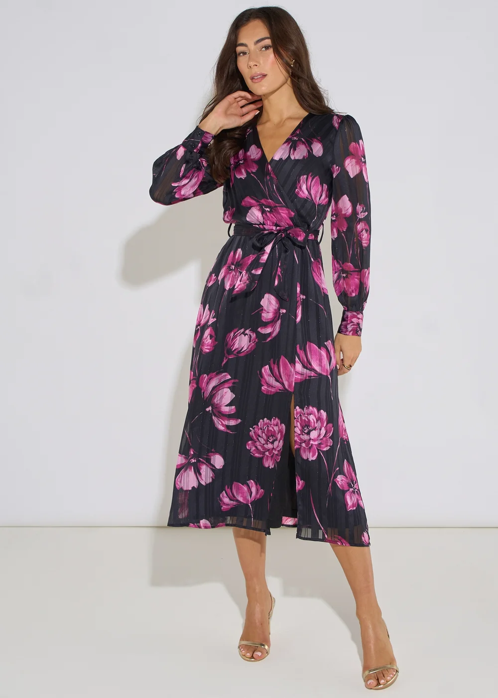 Gini London Black Floral Chiffon Sparkle Stripe Wrap Midi Dress - 12 Image 1
