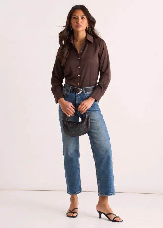 Gini London Brown Satin Loose Fit Button Through Shirt