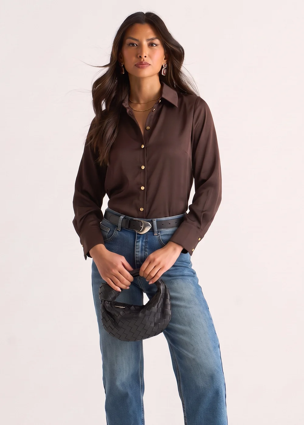 Gini London Brown Satin Loose Fit Button Through Shirt - 12 Image 3