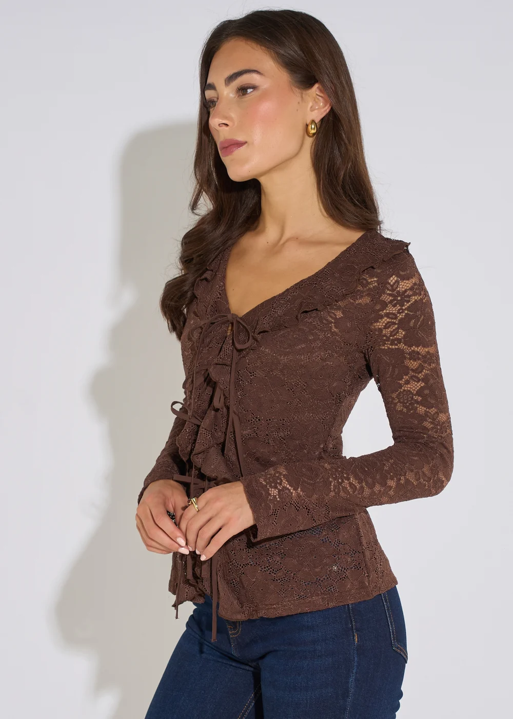 Gini London Brown Jersey Lace Ruffle Tie Front Blouse - 12 Image 4