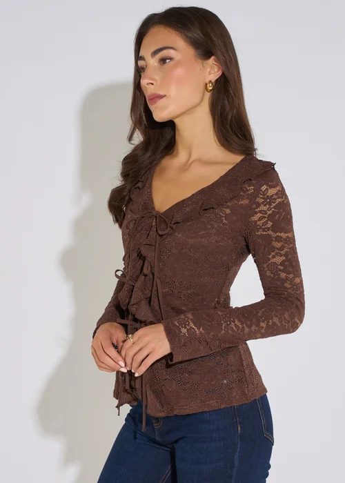 Gini London Brown Jersey Lace Ruffle Tie Front Blouse - 12 Image 4