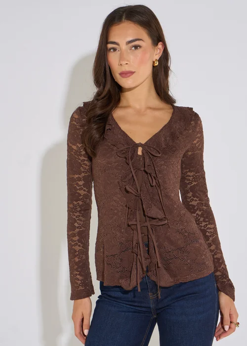 Gini London Brown Jersey Lace Ruffle Tie Front Blouse - 12 Image 1