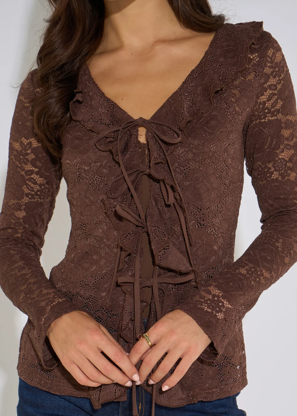 Gini London Brown Jersey Lace Ruffle Tie Front Blouse - 12 Image 3
