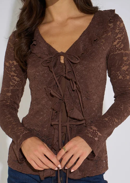 Gini London Brown Jersey Lace Ruffle Tie Front Blouse - 12 Image 3