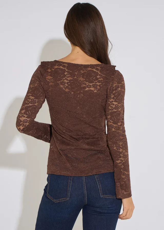 Gini London Brown Jersey Lace Ruffle Tie Front Blouse