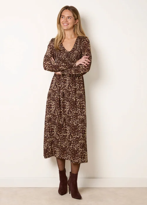 Blue Vanilla Brown Leopard Print Shirred Detailing Button Front V Neck Dress - XL Image 1