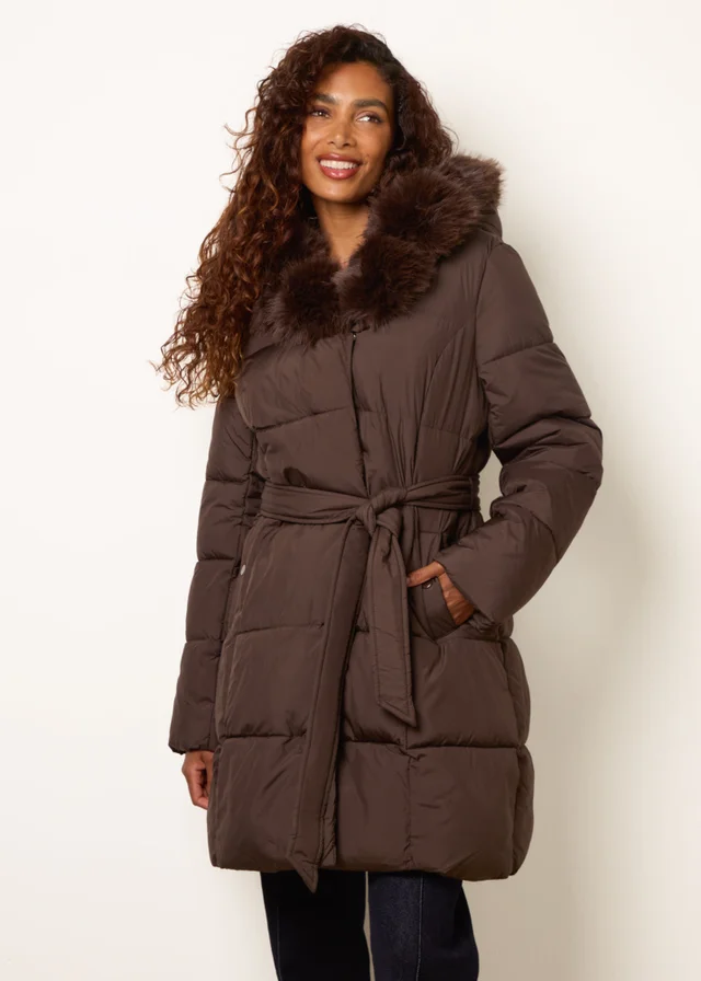 Blue Vanilla Brown Pelted Faux Fur Short Puffer