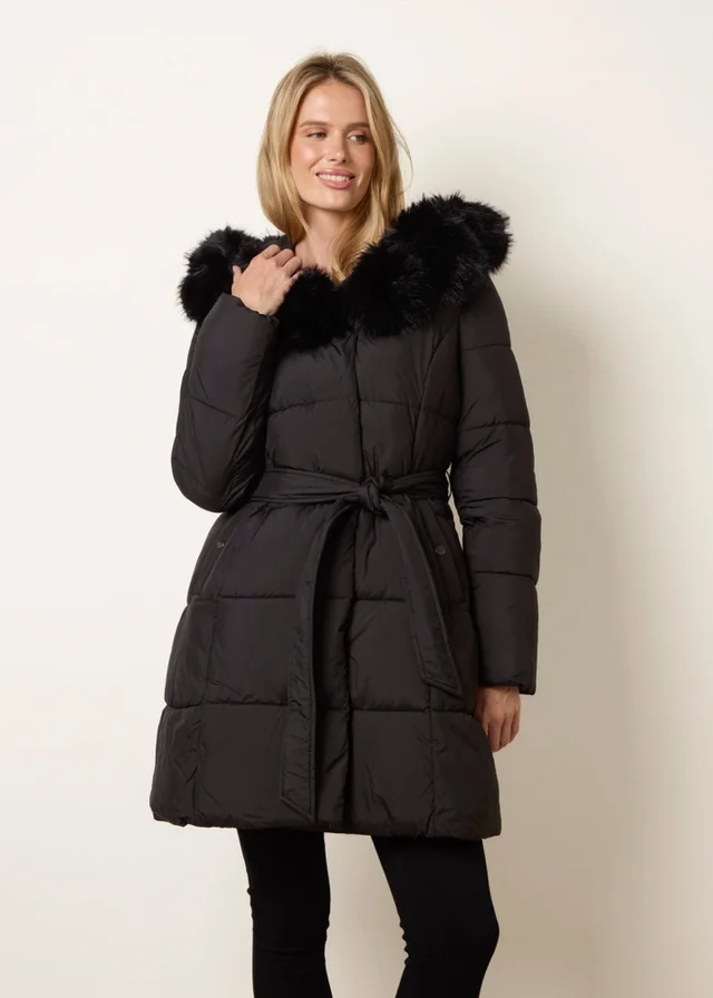 Blue Vanilla Black Pelted Faux Fur Short Puffer