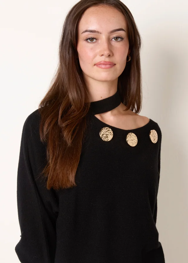 Blue Vanilla Black Button Detail Cut-Out Batwing Jumper
