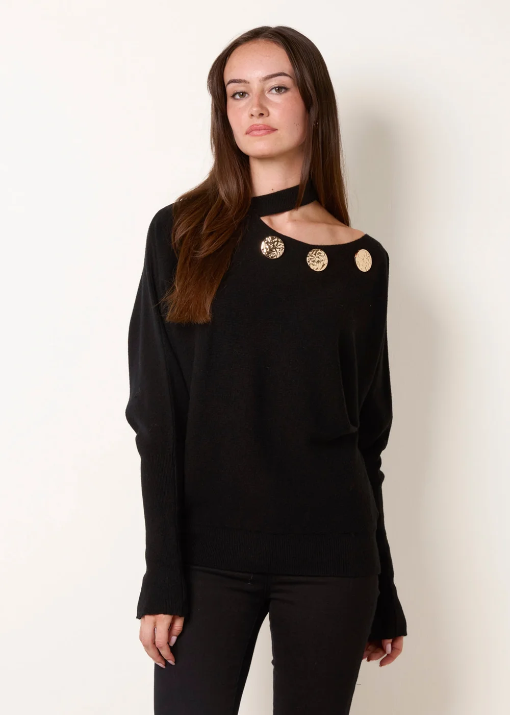Blue Vanilla Black Button Detail Cut-Out Batwing Jumper - M Image 1