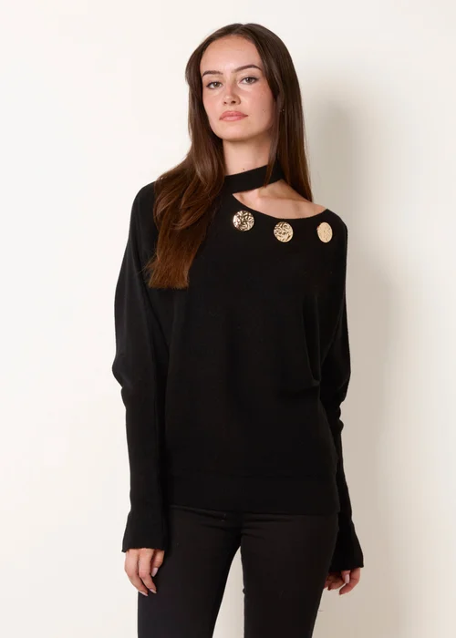 Blue Vanilla Black Button Detail Cut-Out Batwing Jumper - M Image 1
