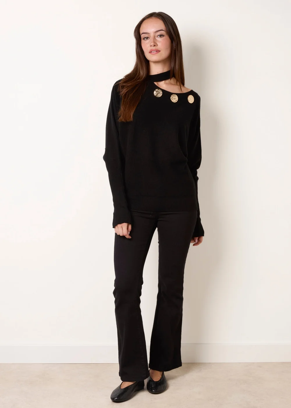 Blue Vanilla Black Button Detail Cut-Out Batwing Jumper - M Image 3