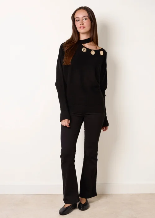 Blue Vanilla Black Button Detail Cut-Out Batwing Jumper - M Image 3