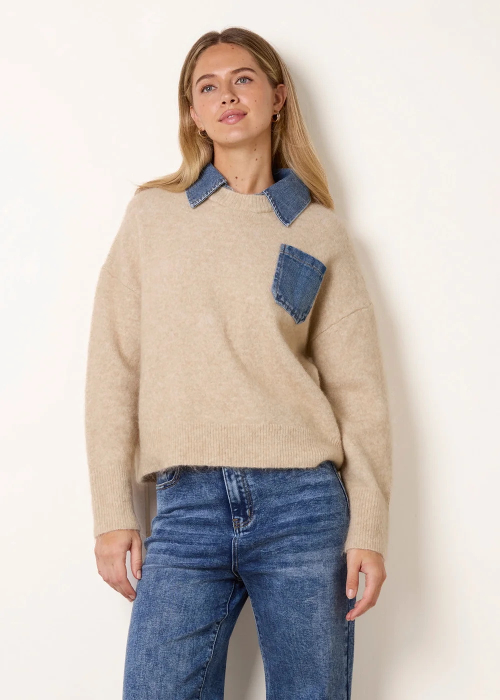 Blue Vanilla Beige Front Pocket Denim Collar Jumper - M/L Image 2