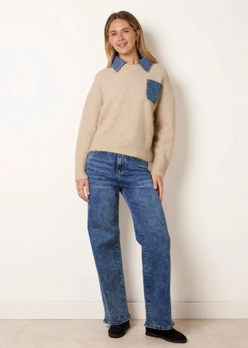 Blue Vanilla Beige Front Pocket Denim Collar Jumper - M/L Image 3
