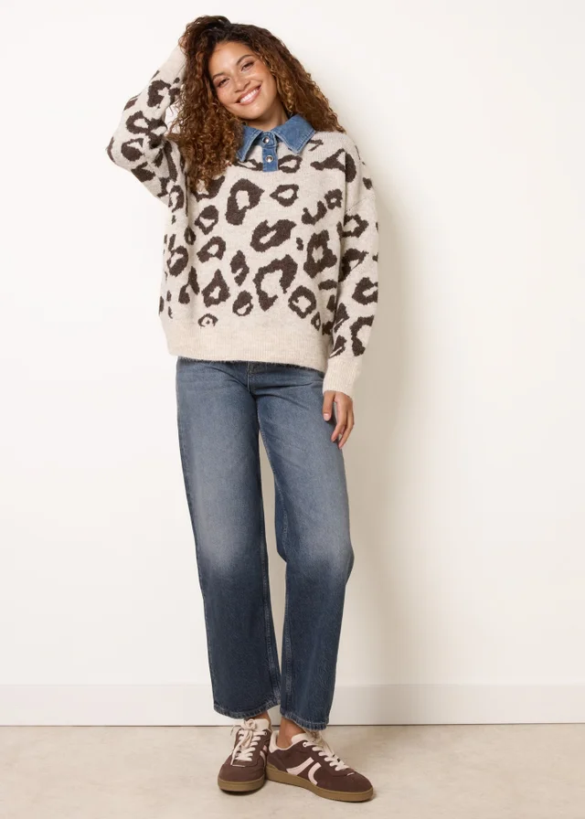 Blue Vanilla Beige Animal Knit Polo Jumper