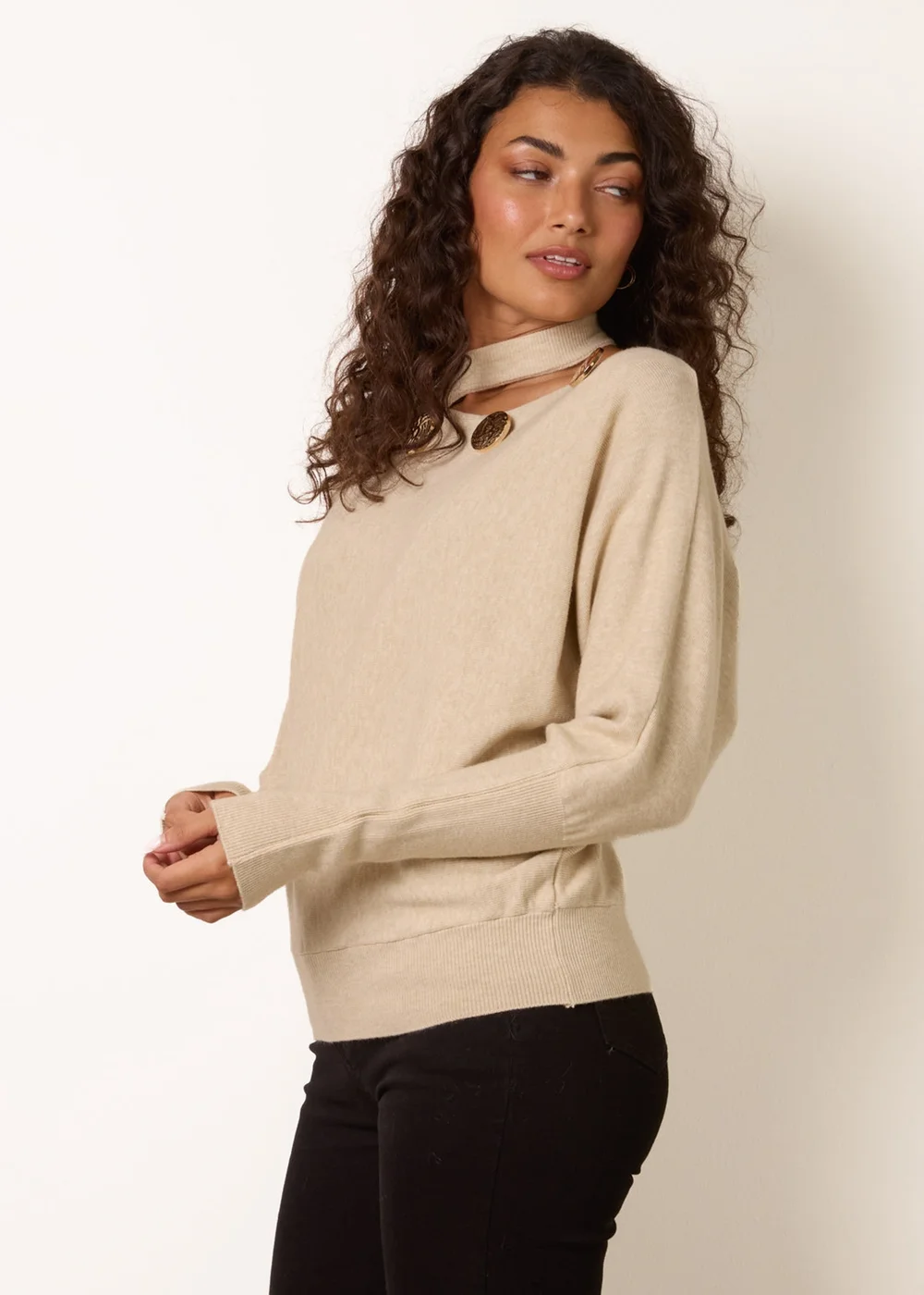 Blue Vanilla Stone Button Detail Cut-Out Batwing Jumper - M Image 2