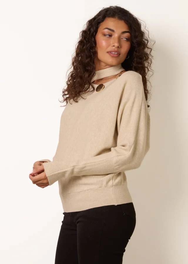 Blue Vanilla Stone Button Detail Cut-Out Batwing Jumper
