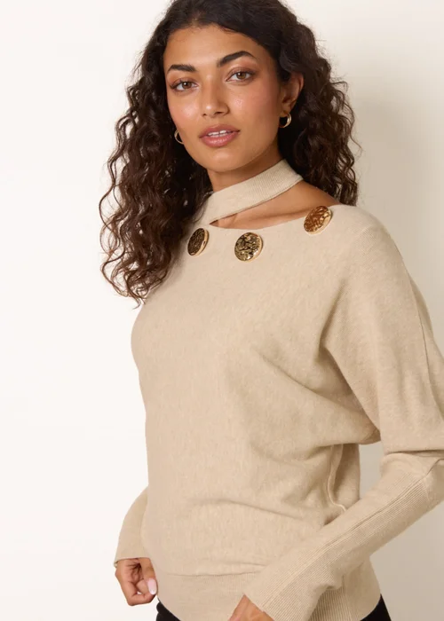 Blue Vanilla Stone Button Detail Cut-Out Batwing Jumper - M Image 1