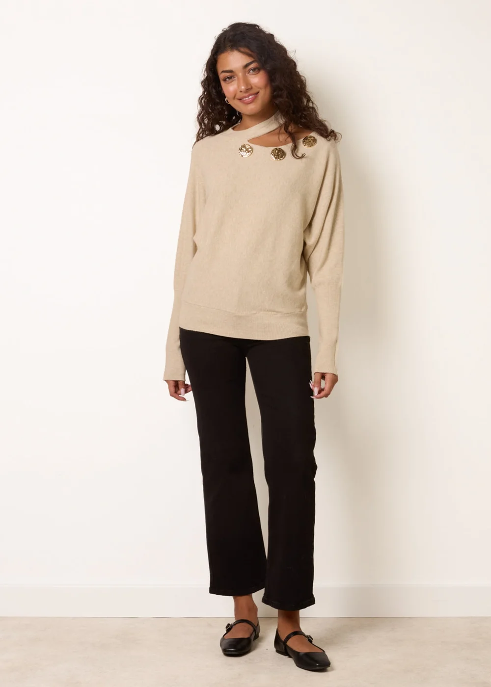Blue Vanilla Stone Button Detail Cut-Out Batwing Jumper - M Image 3