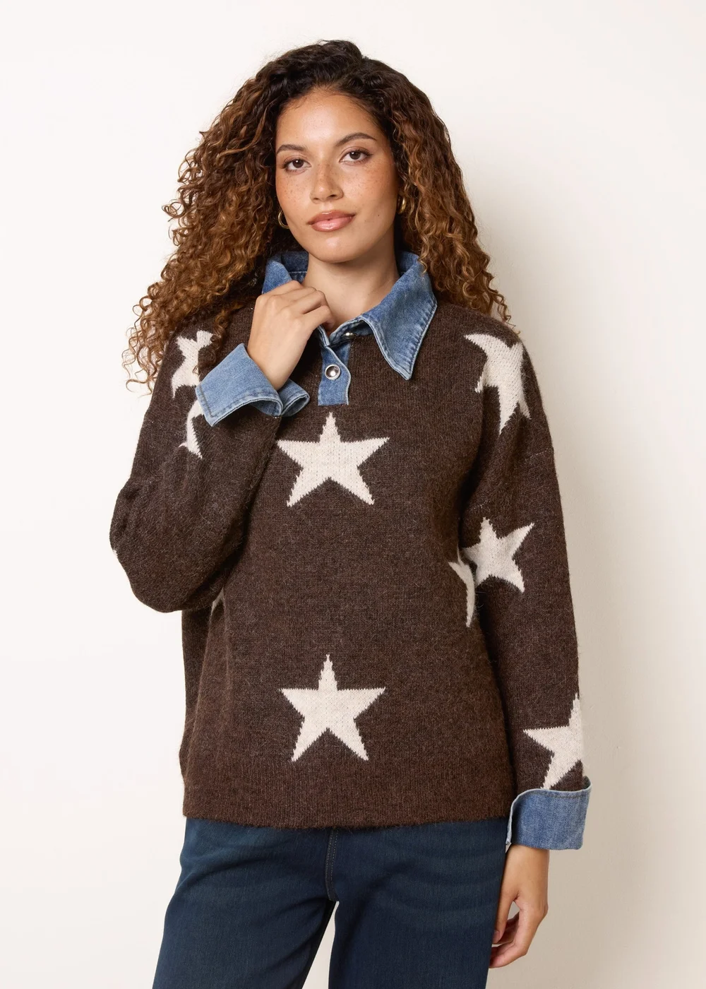 Blue Vanilla Brown Star Knit Polo Jumper - One Size Image 3