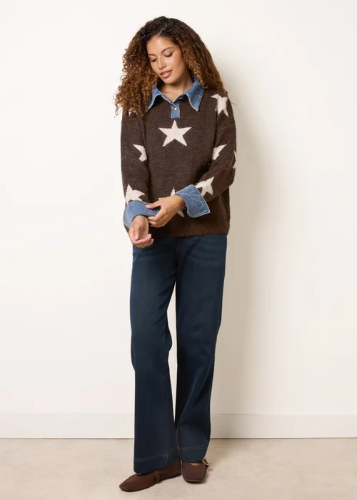 Blue Vanilla Brown Star Knit Polo Jumper - One Size Image 2