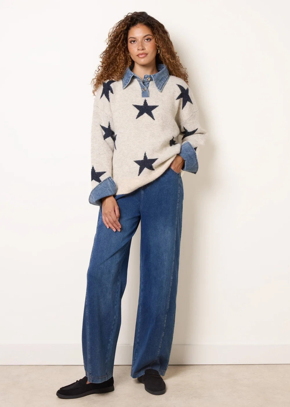 Blue Vanilla Beige Star Knit Polo Jumper - One Size Image 2