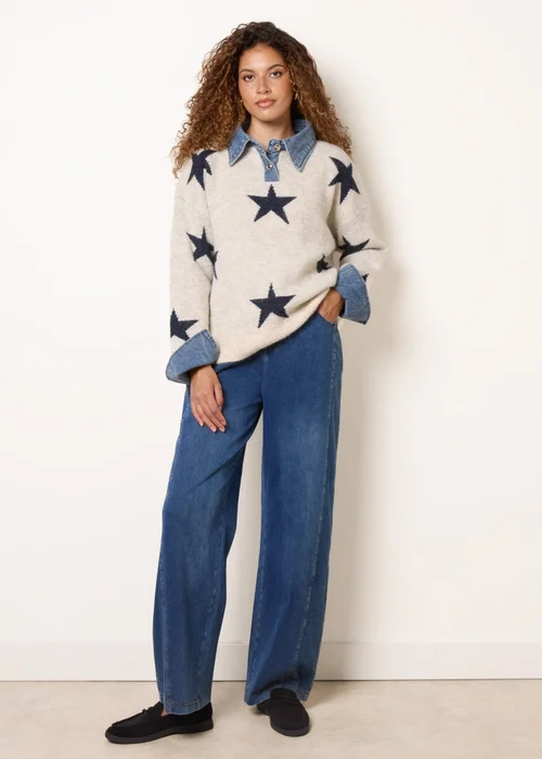 Blue Vanilla Beige Star Knit Polo Jumper - One Size Image 2