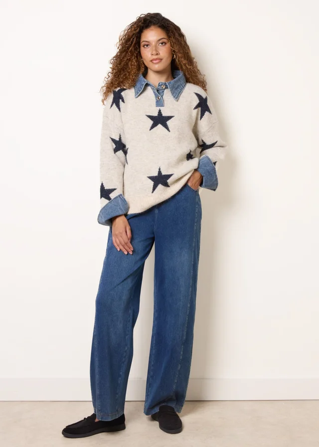 Blue Vanilla Beige Star Knit Polo Jumper