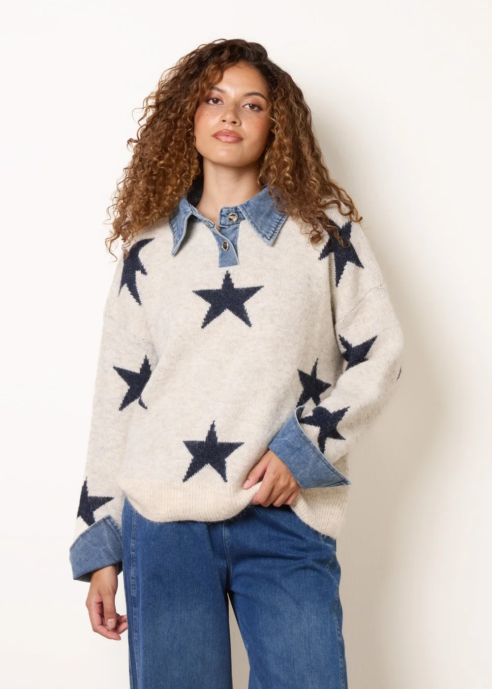 Blue Vanilla Beige Star Knit Polo Jumper - One Size Image 3