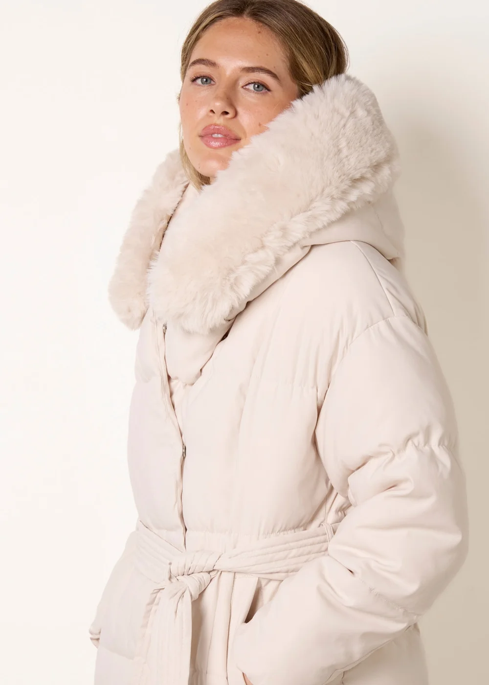 Blue Vanilla Stone Faux Fur Hood Short Puffer Coat - M Image 2