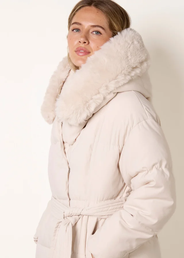 Blue Vanilla Stone Faux Fur Hood Short Puffer Coat