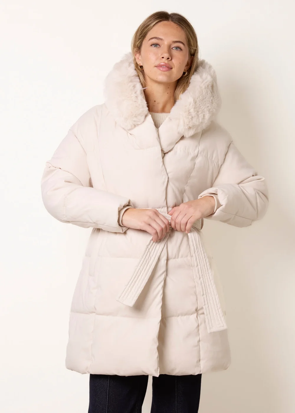 Blue Vanilla Stone Faux Fur Hood Short Puffer Coat - M Image 1