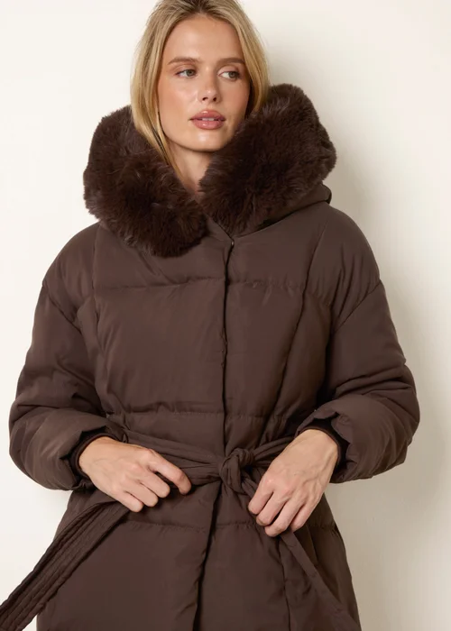 Blue Vanilla Brown Faux Fur Hood Short Puffer Coat - L Image 2