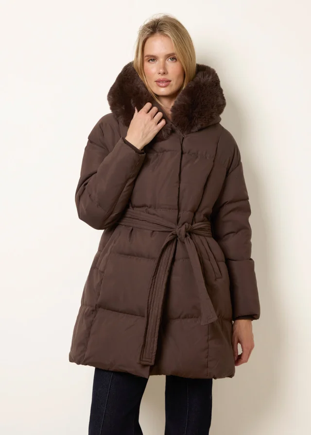 Blue Vanilla Brown Faux Fur Hood Short Puffer Coat