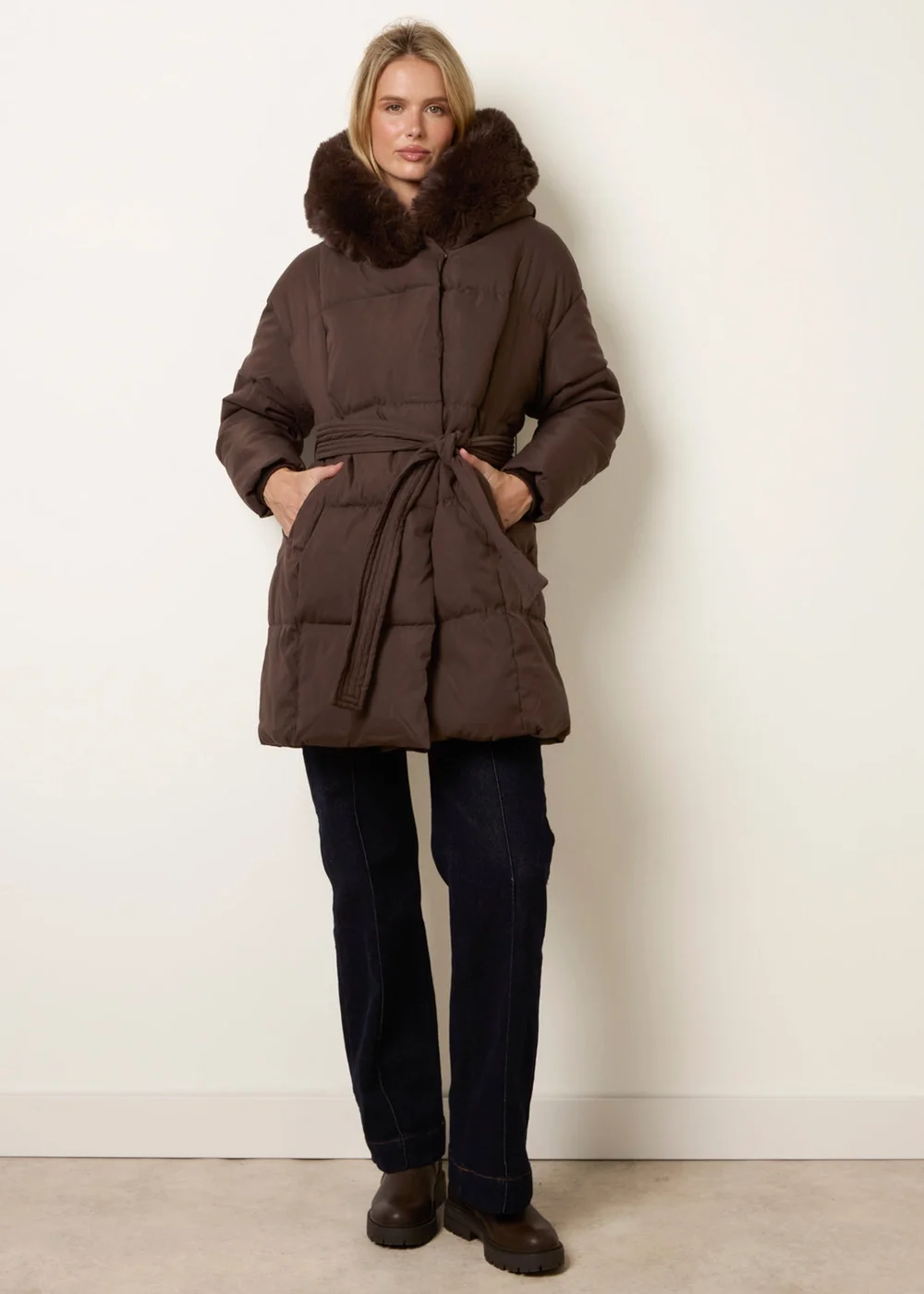 Blue Vanilla Brown Faux Fur Hood Short Puffer Coat - L Image 3